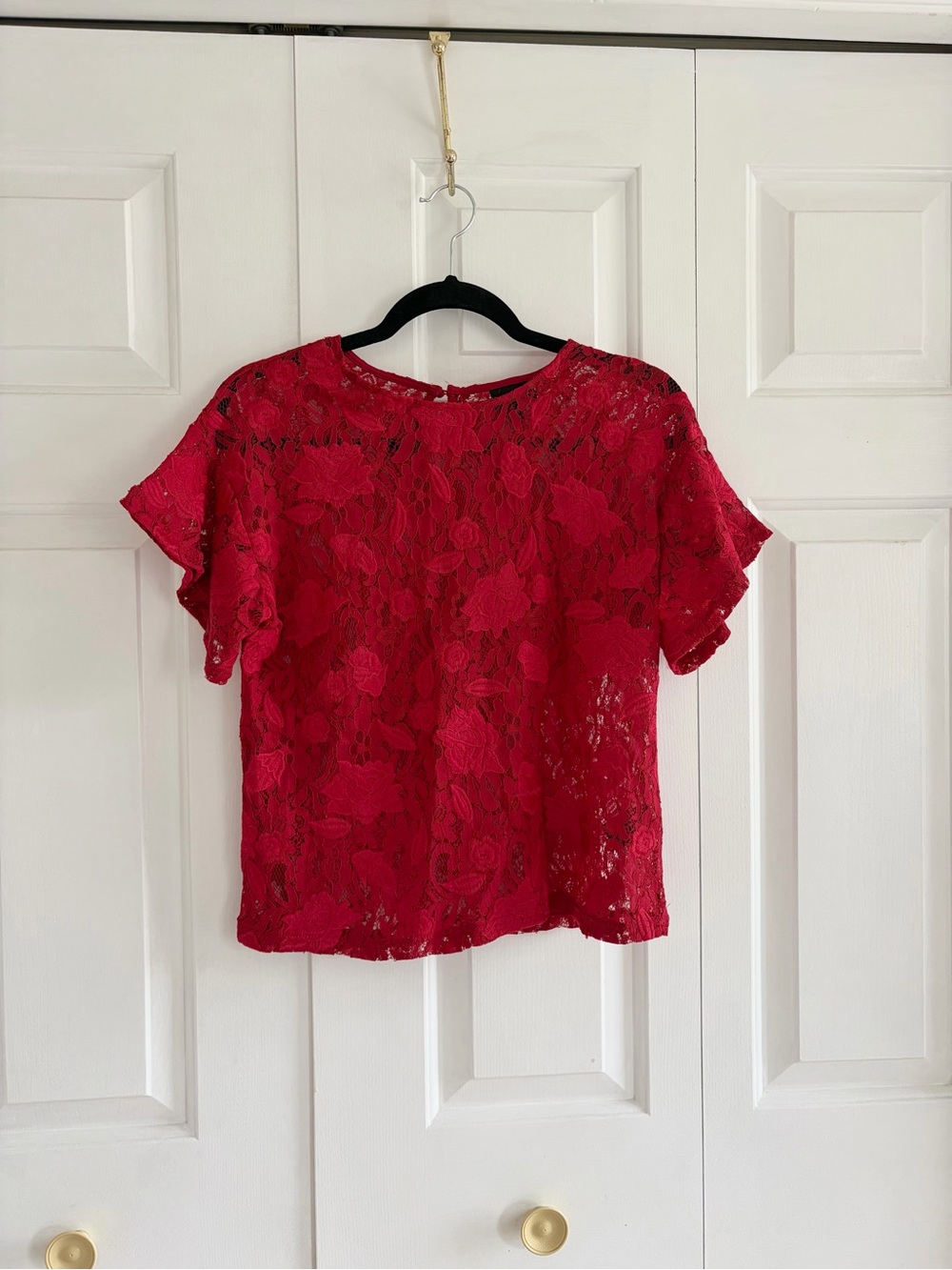 Who What Wear Red Lace Blouse Short Sleeve Top Flutter Cuff Size XS